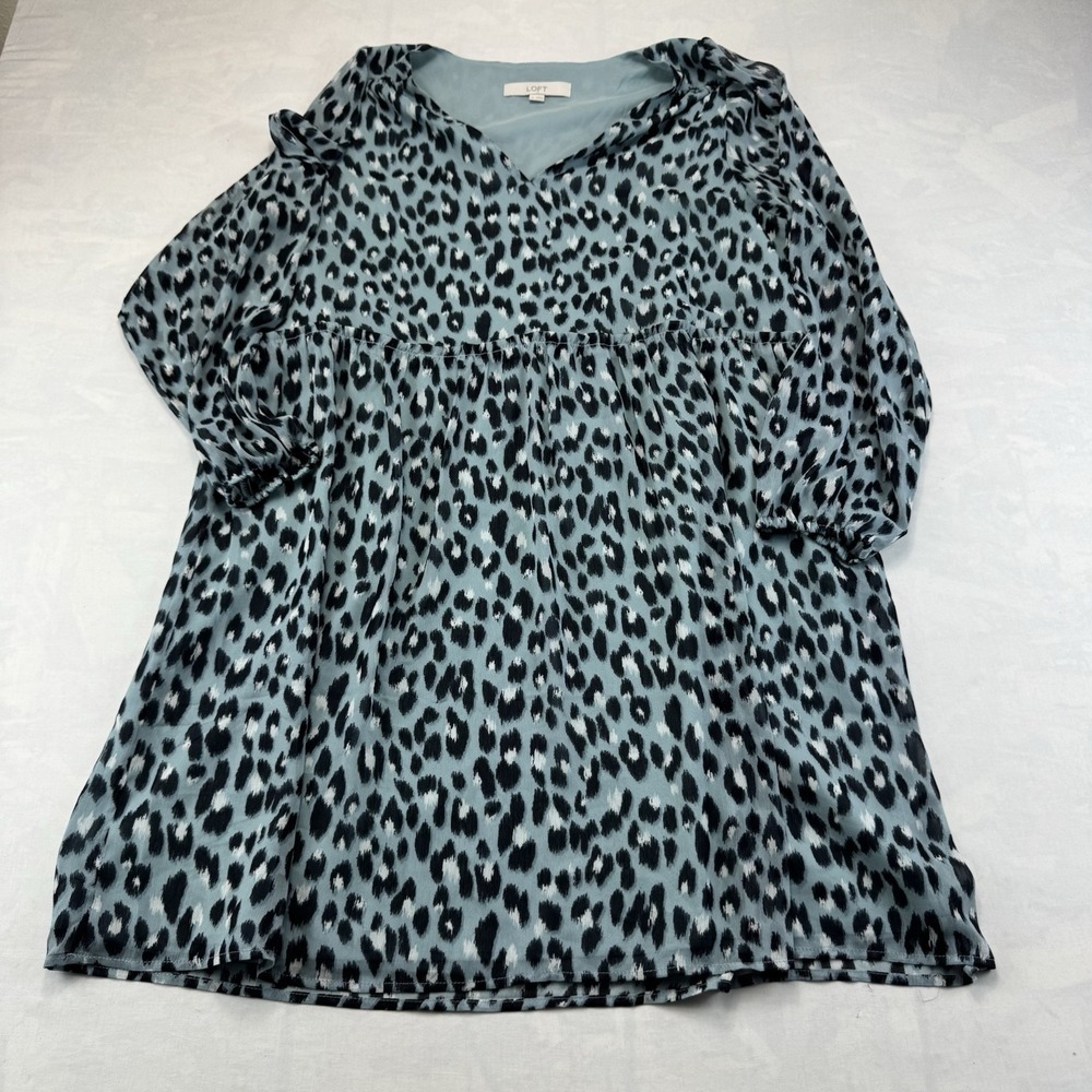 LOFT Leopard Print Babydoll Tunic Dress Blue Puff Sleeve Women's M